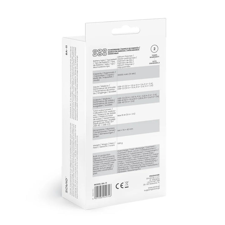 Powerbank SAVIO, 2 porturi USB, 1 port USB-C, încărcare rapidă, livrare de energie, SAVBA-11