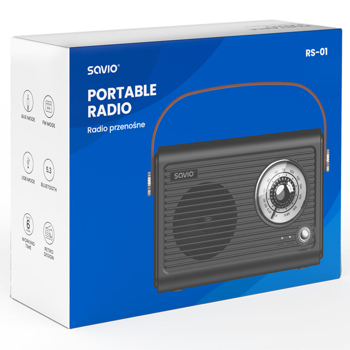 Savio radio FM portabil, alimentat cu baterii, Bluetooth, AUX, SAVRS-01
