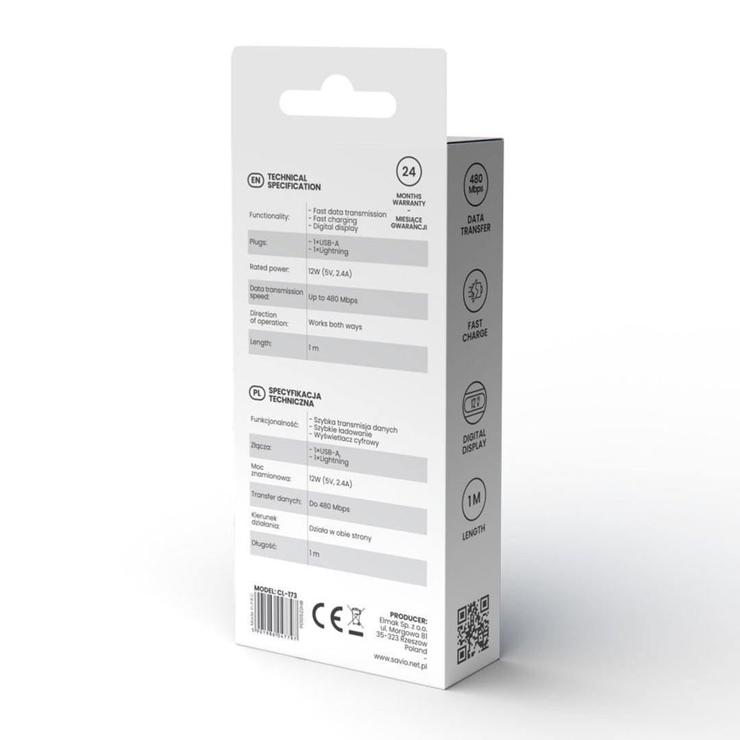 Cablu Savio USB la Lightning, afișaj digital, lungime 1m, SAVKABELCL-173
