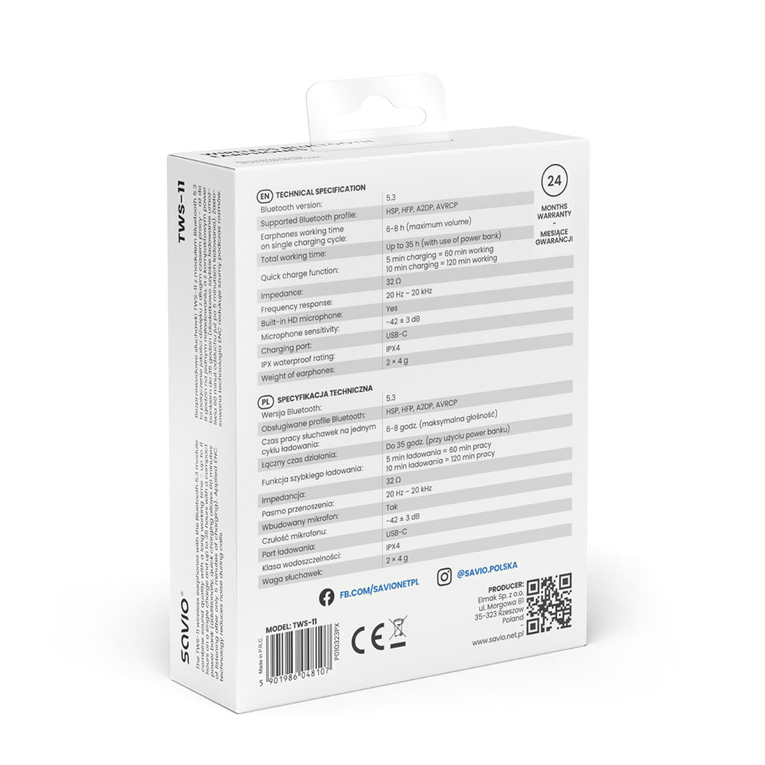 Căști fără fir Savio, Bluetooth 5.3, ENC, USB-C, negru, SAVSLTWS-11