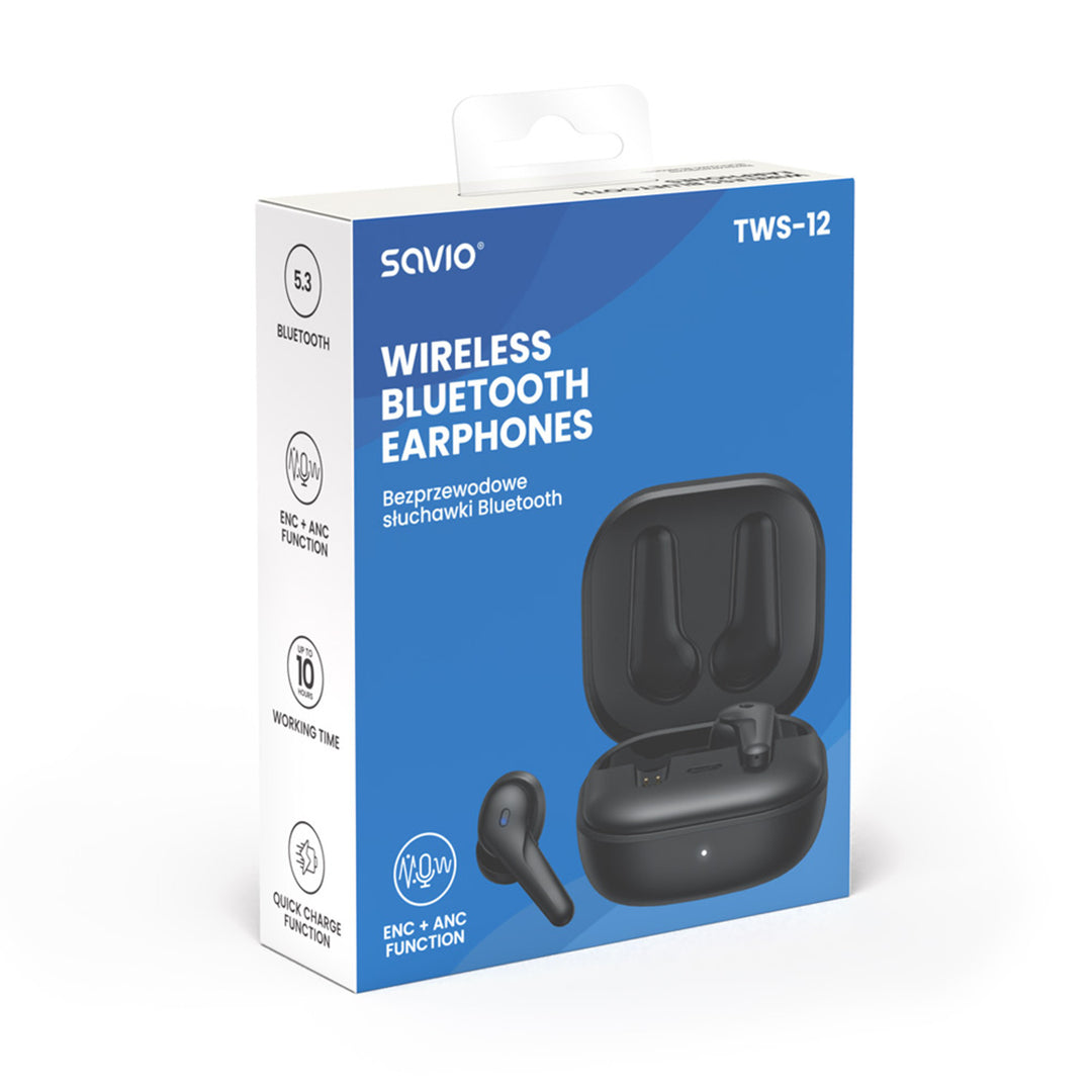 Căști fără fir Savio, Bluetooth 5.3, ANC, USB-C, negru