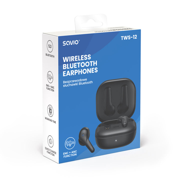 Căști fără fir Savio, Bluetooth 5.3, ANC, USB-C, negru