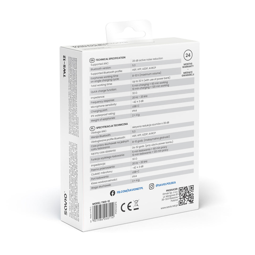 Căști fără fir Savio, Bluetooth 5.3, ANC, USB-C, negru
