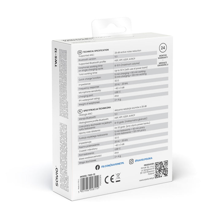Căști fără fir Savio, Bluetooth 5.3, ANC, USB-C, negru