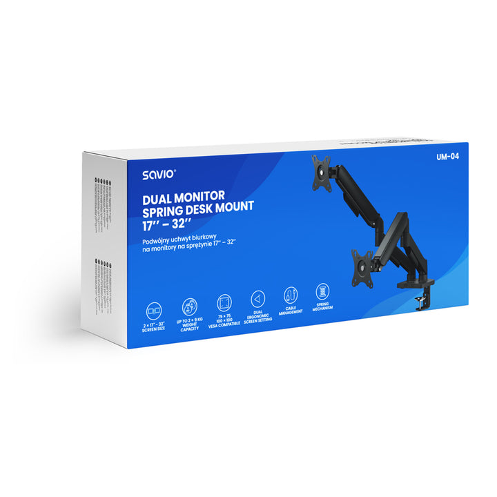 Savio suport de birou pentru două monitoare, 17-32'', încărcare 9kg per monitor, VESA, mecanism cu arc, negru, SAVUM-04