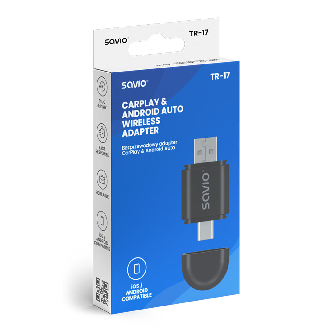 Bezprzewodowy adaptor Savio, CarPlay, Android Auto, Bluetooth, Wi-Fi, SAVTR-17
