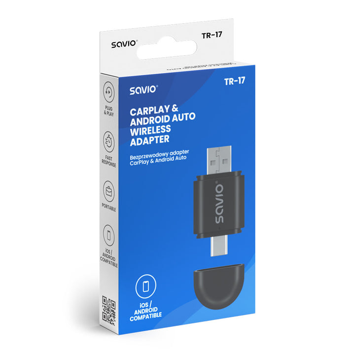 Bezprzewodowy adaptor Savio, CarPlay, Android Auto, Bluetooth, Wi-Fi, SAVTR-17