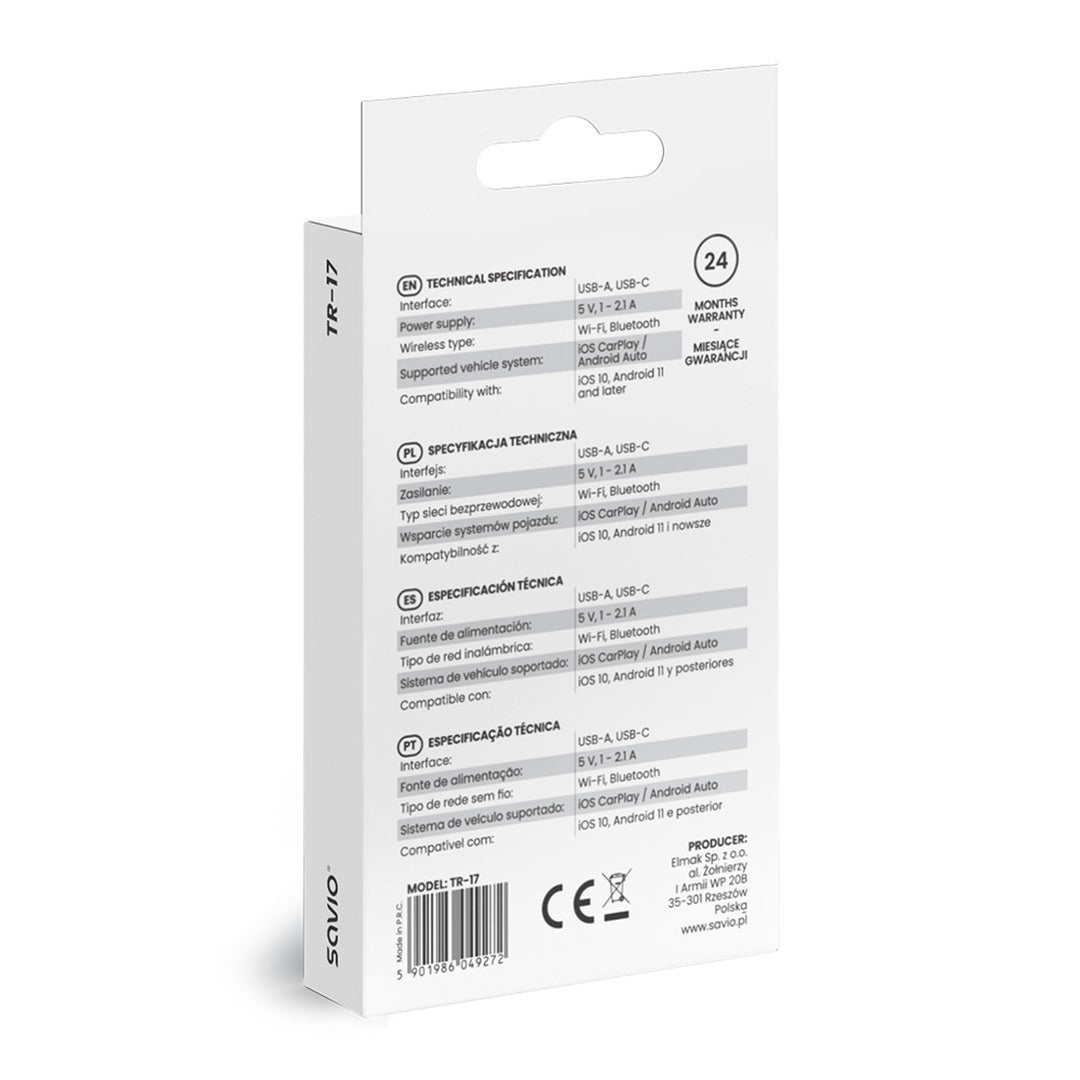 Bezprzewodowy adaptor Savio, CarPlay, Android Auto, Bluetooth, Wi-Fi, SAVTR-17