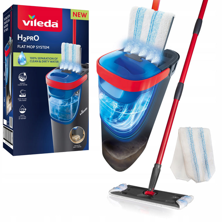 Mop plat Vileda H2prO, separare 100% apă curată/apă murdară, două rezervoare, tampon din microfibră, vârf 360°, 175774