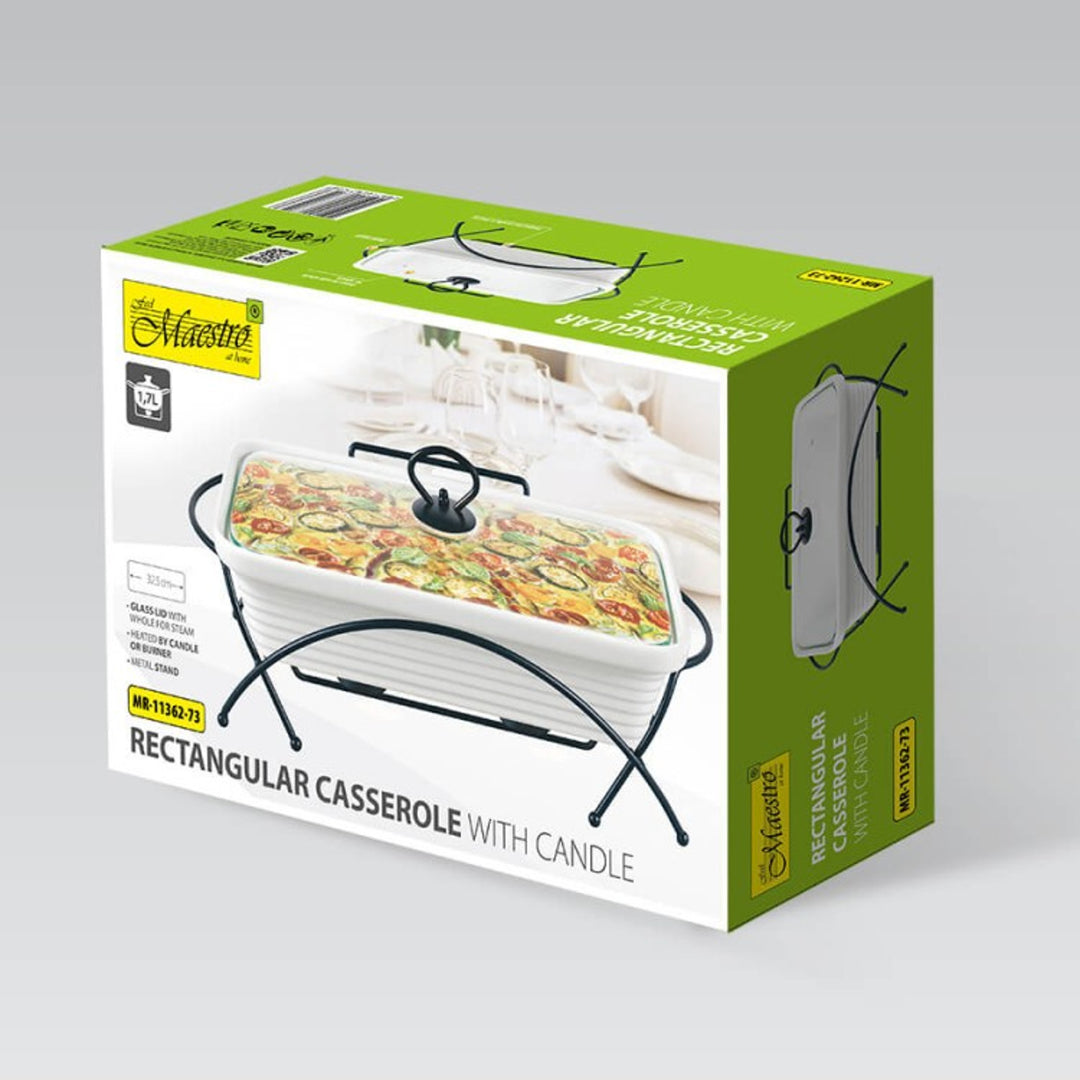 Încălzitor de alimente din ceramică Maestro, dreptunghiular, alb, capacitate 1,7L, poate fi utilizat în cuptor, raft și capac cu mâner incluse, MR-11362-73
