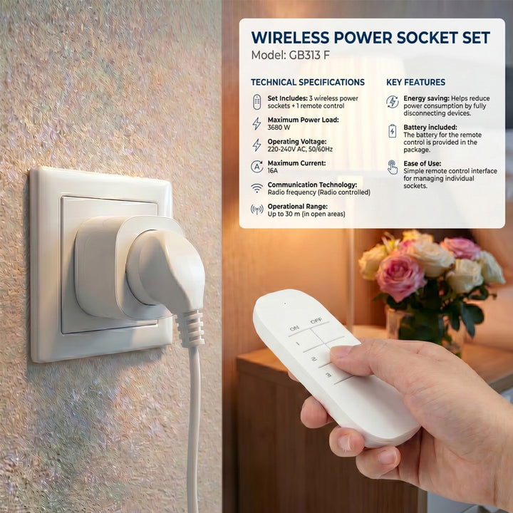 Prize controlate prin telecomandă GreenBlue, 3 buc., programabile, rază de acțiune de până la 30 m, 220-240 V c.a., 50/60 Hz, 16 A, 433 MHz, GB313 F