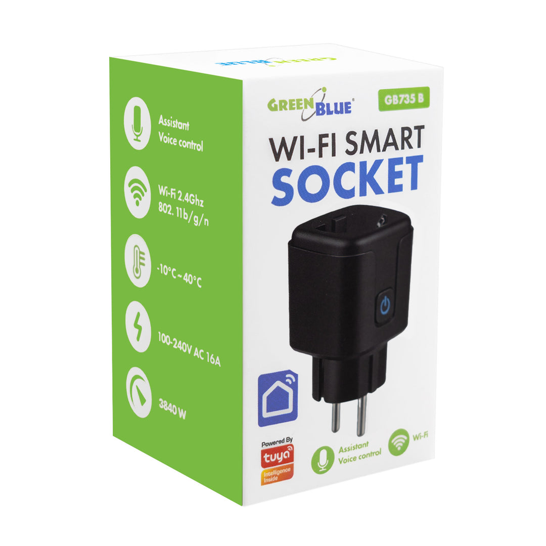 Priză WiFi GreenBlue cu comandă de la distanță, compatibilă cu Android/iOS/Alexa/Google Home, temporizator, contor de consum, max. 16 A/3840 W, GB735 B