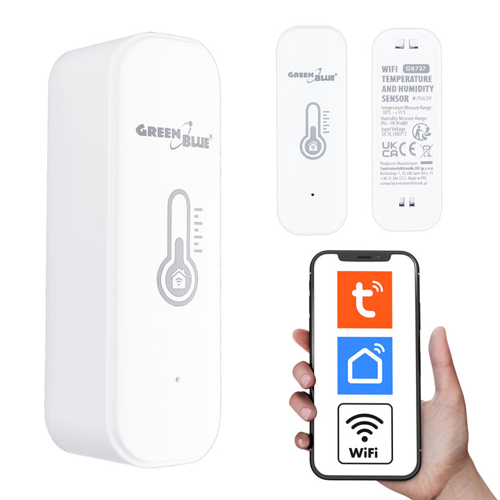 Senzor de temperatură și umiditate WiFi GreenBlue, compatibil cu Android/iOS/Alexa/Google Home, 3,0 V c.c., LR03x2, GB737