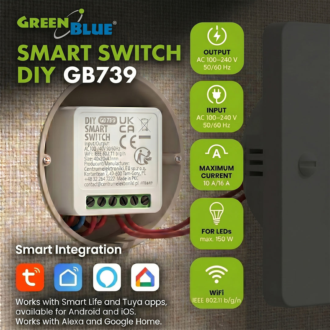 Transmiter WiFi încastrat GreenBlue, compatibil cu Android/iOS/Alexa/Google Home, 100-240 V c.a., 50/60 Hz, max. 16 A, pentru LED-uri de 150 W, GB739