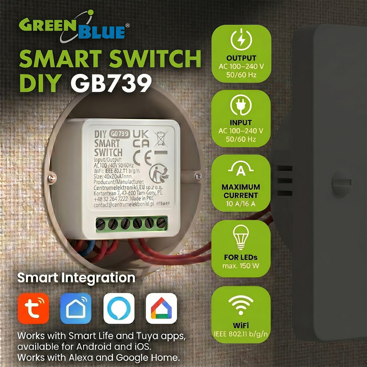 Transmiter WiFi încastrat GreenBlue, compatibil cu Android/iOS/Alexa/Google Home, 100-240 V c.a., 50/60 Hz, max. 16 A, pentru LED-uri de 150 W, GB739