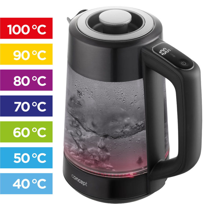 Ceainic electric Concept, capacitate 1,7 l, putere 1850-2200 W, culoare negru, conector Strix, control al temperaturii, control digital, RK4195