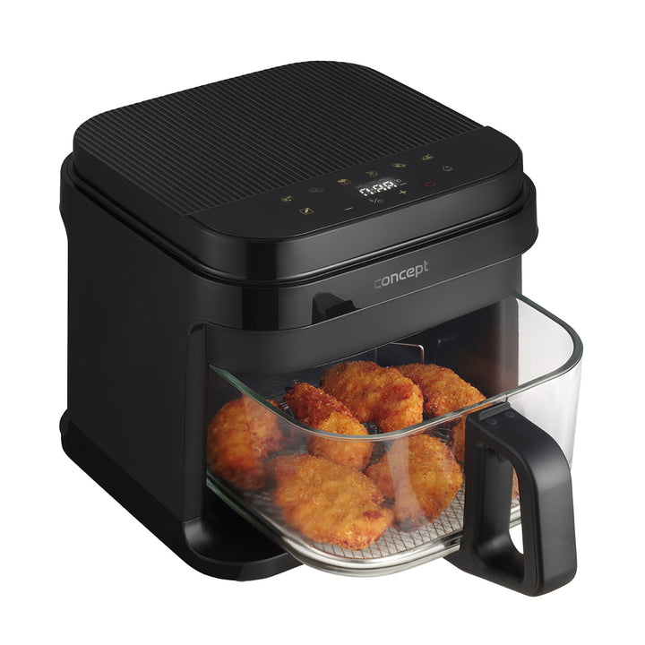 Friteuză fără ulei Concept Glass&Fast, capacitate 5,5 l, 7 programe, ecran tactil LED, mod de prăjire sănătos, recipient din sticlă, FR5500