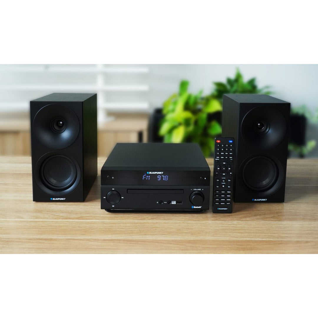 Micro sistem Blaupunkt, putere 150 W, radio FM, mufă AUX și port USB, Bluetooth, intrare HDMI, ceas cu alarmă, afișaj LED, culoare negru, MS30.02BT