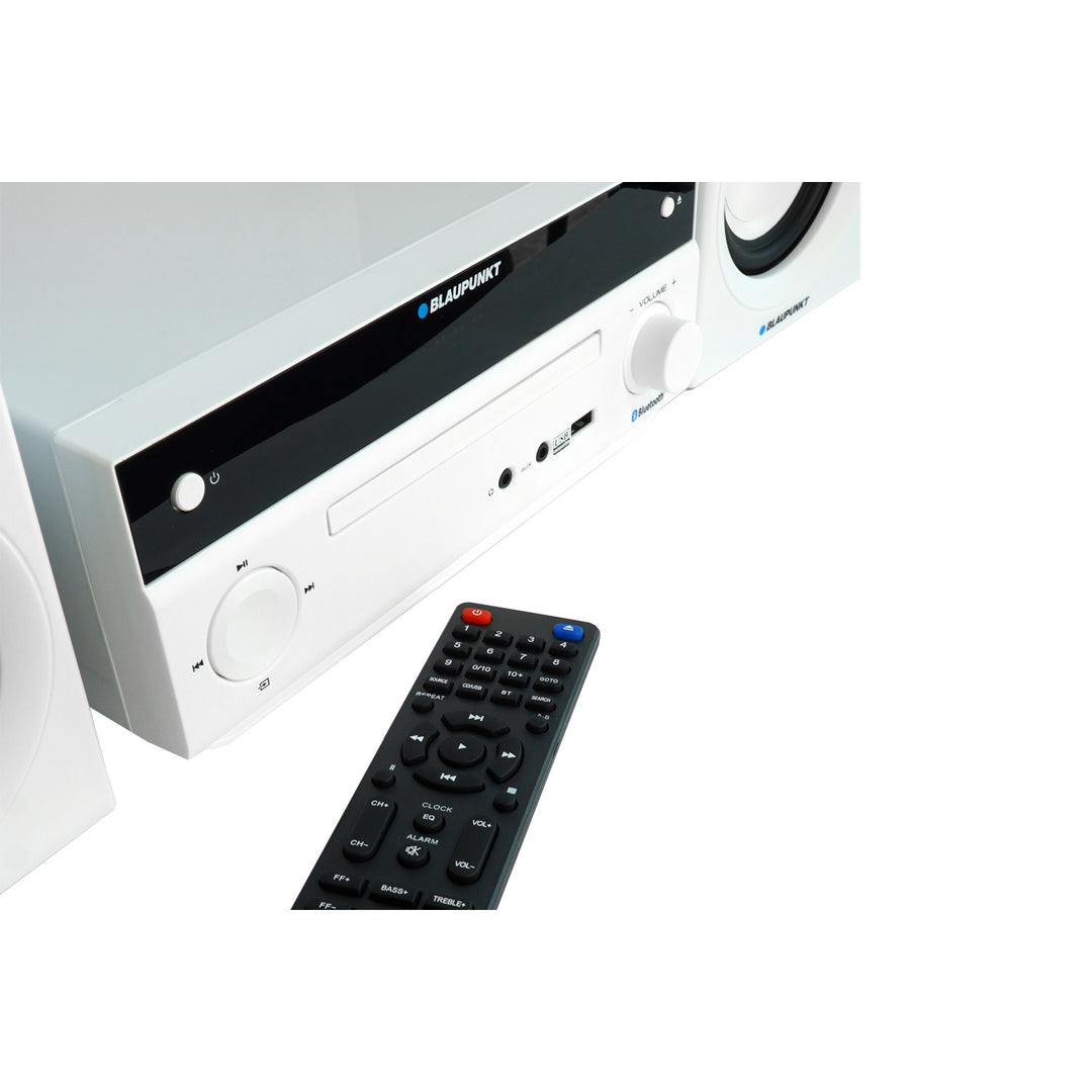 Micro sistem Blaupunkt, putere 150 W, radio FM, mufă AUX și port USB, Bluetooth, intrare HDMI, ceas cu alarmă, afișaj LED, culoare albă, MS30.02BT