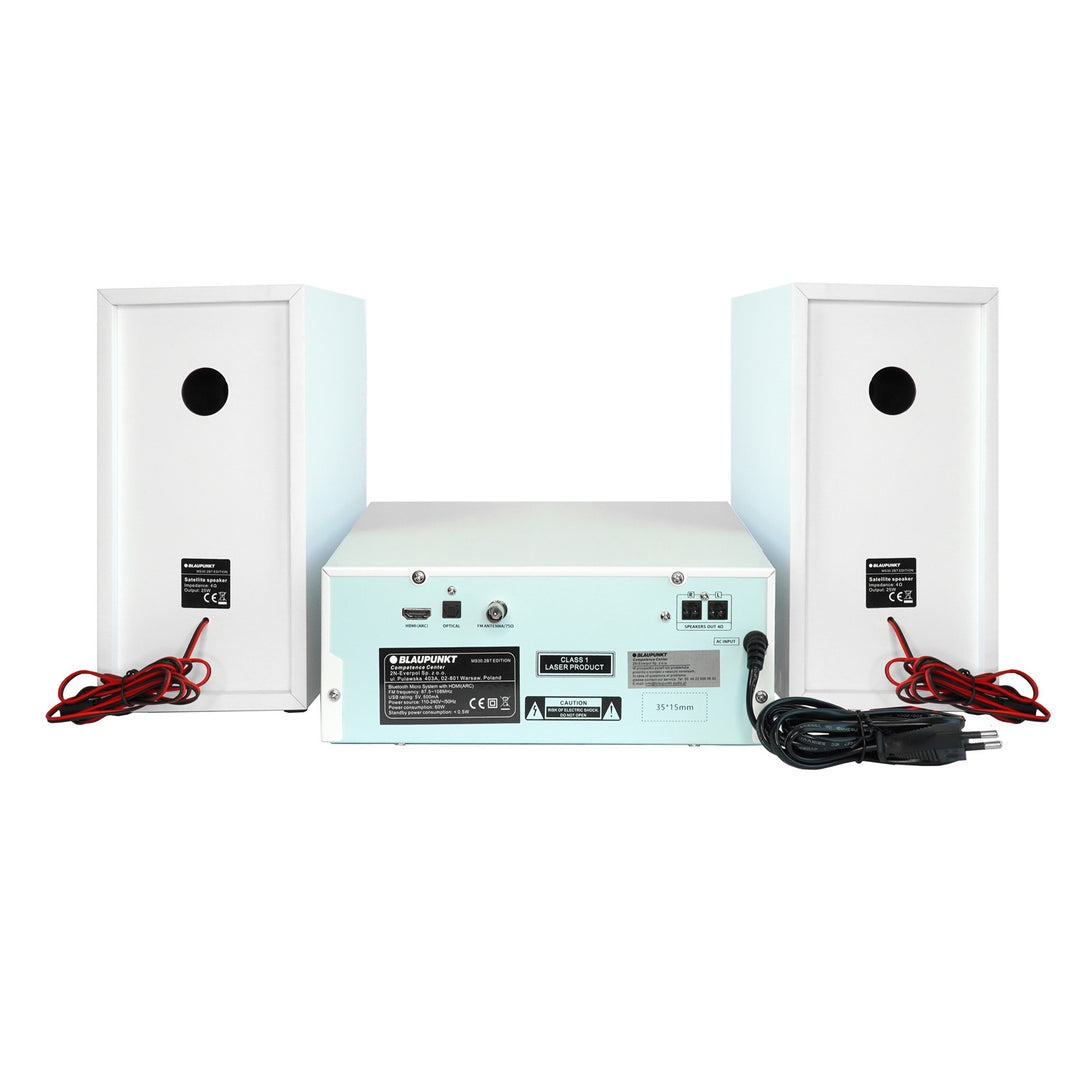 Micro sistem Blaupunkt, putere 150 W, radio FM, mufă AUX și port USB, Bluetooth, intrare HDMI, ceas cu alarmă, afișaj LED, culoare albă, MS30.02BT