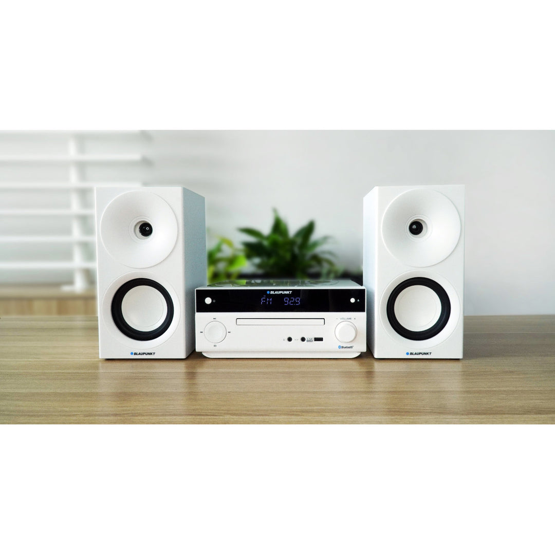Micro sistem Blaupunkt, putere 150 W, radio FM, mufă AUX și port USB, Bluetooth, intrare HDMI, ceas cu alarmă, afișaj LED, culoare albă, MS30.02BT