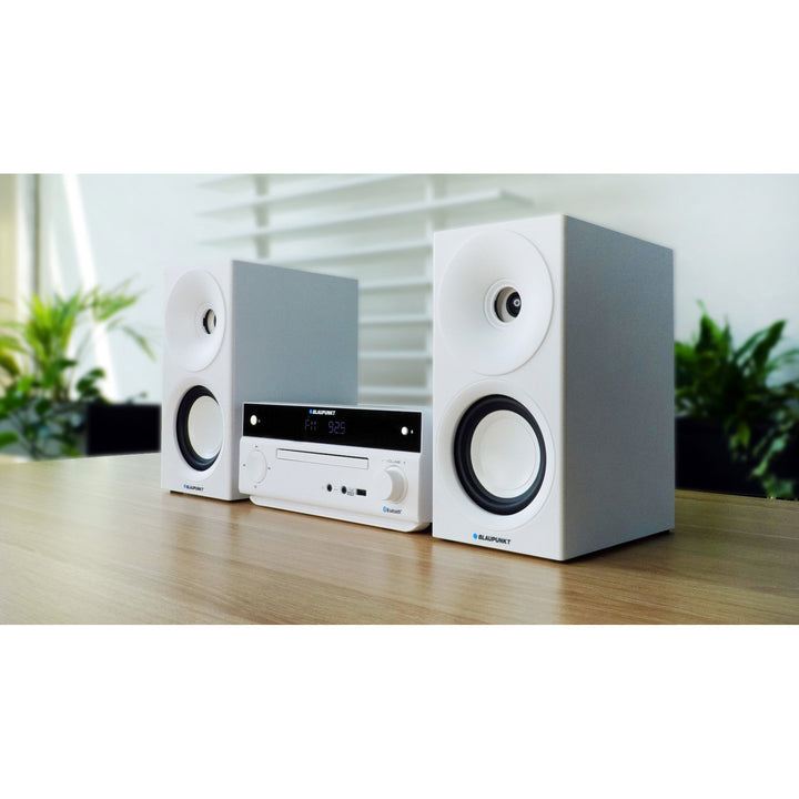 Micro sistem Blaupunkt, putere 150 W, radio FM, mufă AUX și port USB, Bluetooth, intrare HDMI, ceas cu alarmă, afișaj LED, culoare albă, MS30.02BT