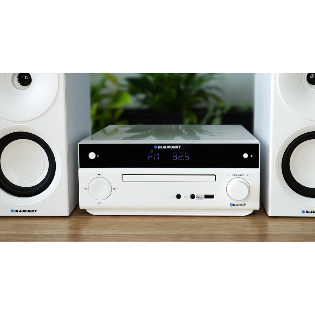 Micro sistem Blaupunkt, putere 150 W, radio FM, mufă AUX și port USB, Bluetooth, intrare HDMI, ceas cu alarmă, afișaj LED, culoare albă, MS30.02BT