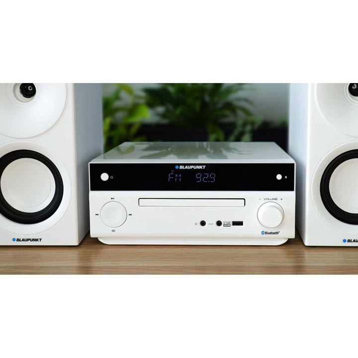 Micro sistem Blaupunkt, putere 150 W, radio FM, mufă AUX și port USB, Bluetooth, intrare HDMI, ceas cu alarmă, afișaj LED, culoare albă, MS30.02BT