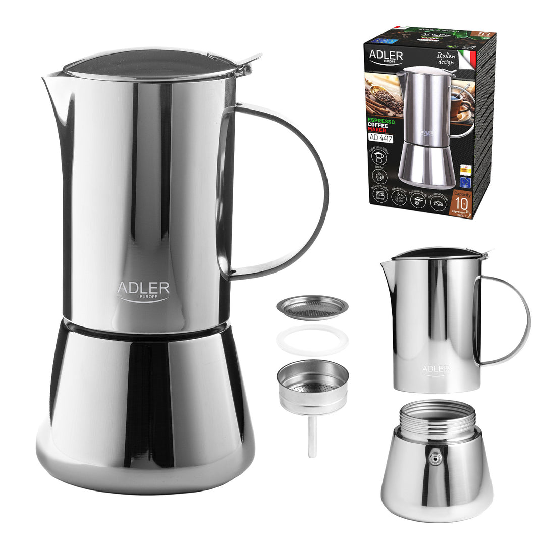 Cafetieră Adler, cafetieră espresso, capacitate 620 ml, culoare argintiu metalizat, AD 4417