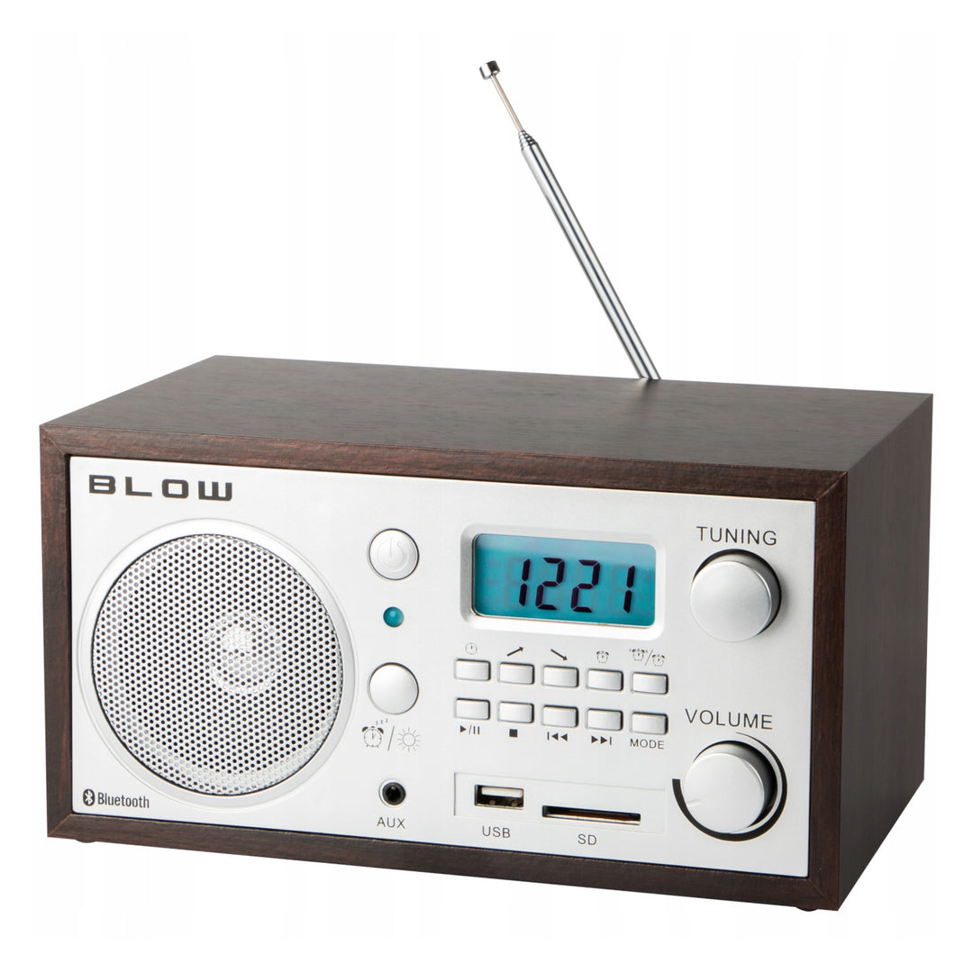 Radio analogic portabil Blow, funcție Bluetooth, conectori USB, AUX și SD, recepție radio AM/FM, afișaj LCD, ceas și ceas cu alarmă, 77-531#