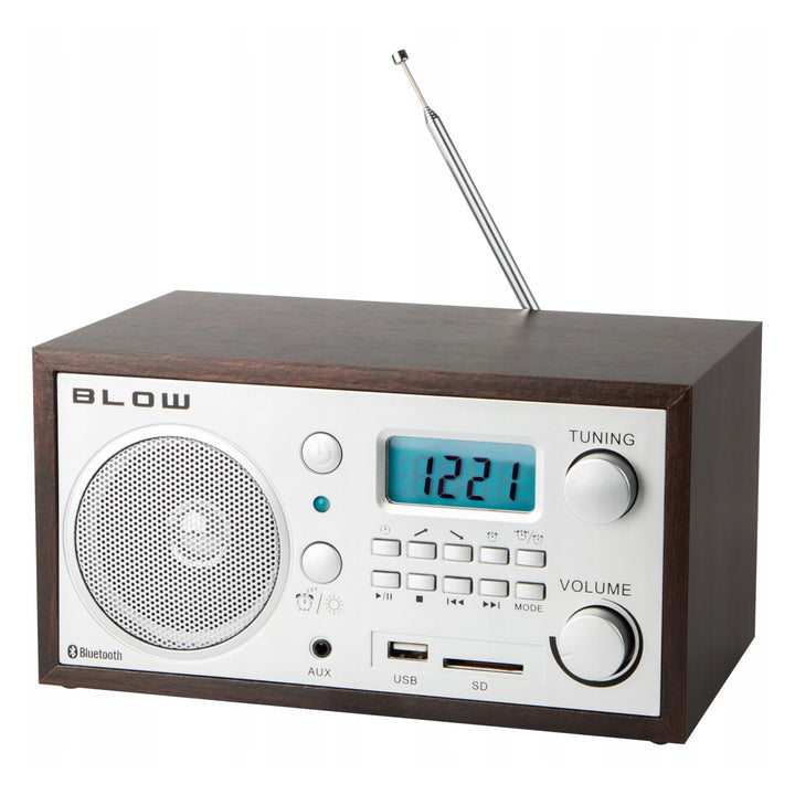 Radio analogic portabil Blow, funcție Bluetooth, conectori USB, AUX și SD, recepție radio AM/FM, afișaj LCD, ceas și ceas cu alarmă, 77-531#