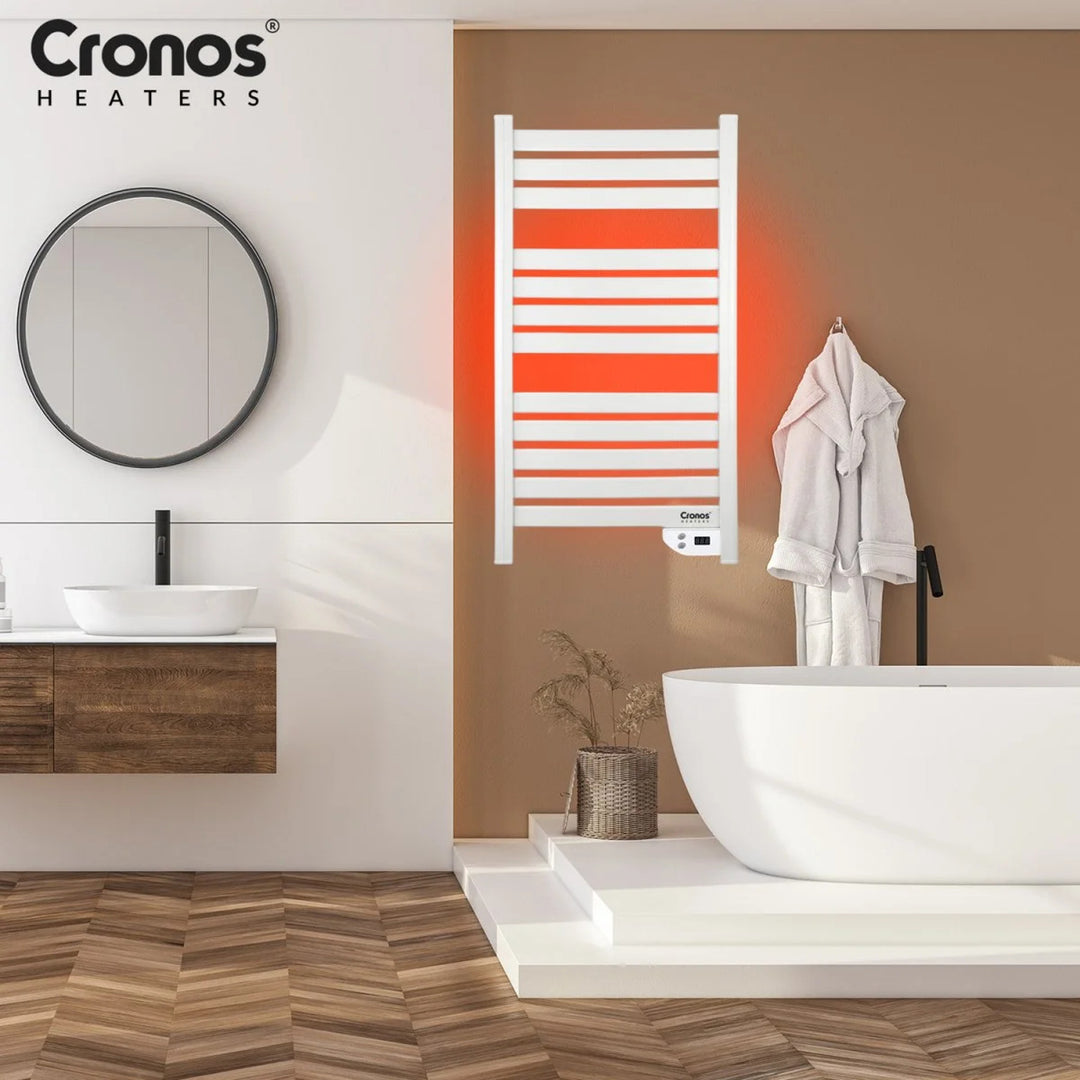 Încălzitor electric pentru baie Cronos, putere 500 W, încălzește încăperi de până la 6 m², afișaj LCD, funcții AUTO, TIMER și detectare fereastră deschisă, TW-500