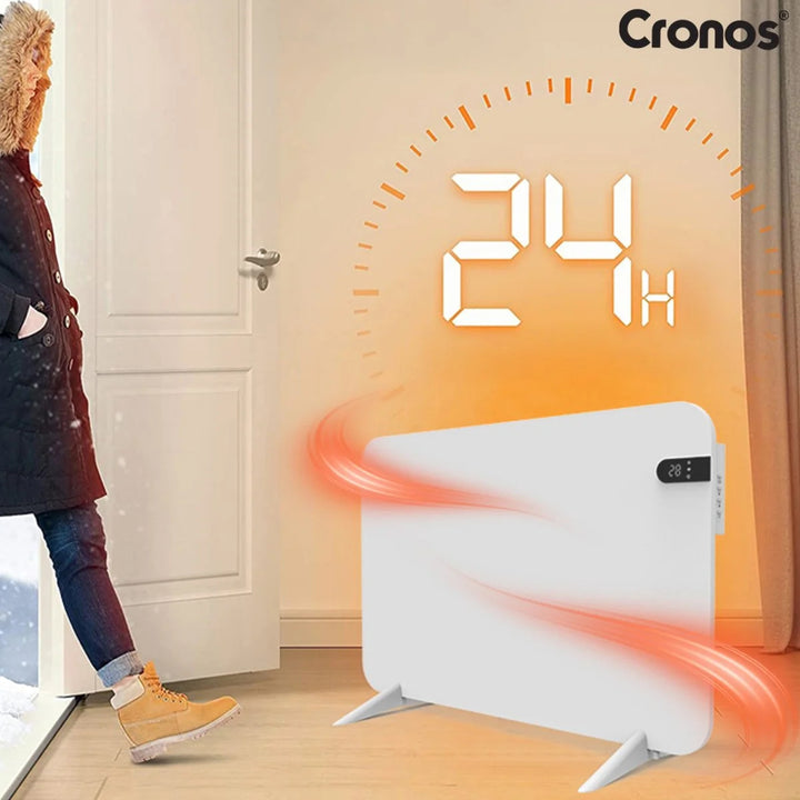 Încălzitor electric Cronos, alb, putere 450 W, încălzește încăperi de până la 14 m², termostat încorporat, telecomandă, funcție de detectare a ferestrelor deschise, picioare incluse, WFH-450TW