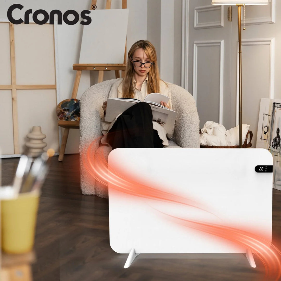 Încălzitor electric Cronos, alb, putere 450 W, încălzește încăperi de până la 14 m², termostat încorporat, telecomandă, funcție de detectare a ferestrelor deschise, picioare incluse, WFH-450TW
