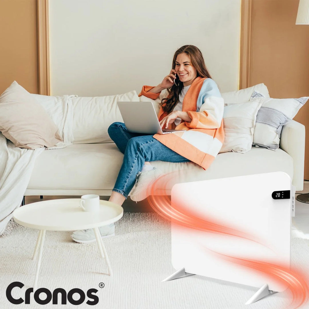 Încălzitor electric Cronos, alb, putere 450 W, încălzește încăperi de până la 14 m², termostat încorporat, telecomandă, funcție de detectare a ferestrelor deschise, picioare incluse, WFH-450TW