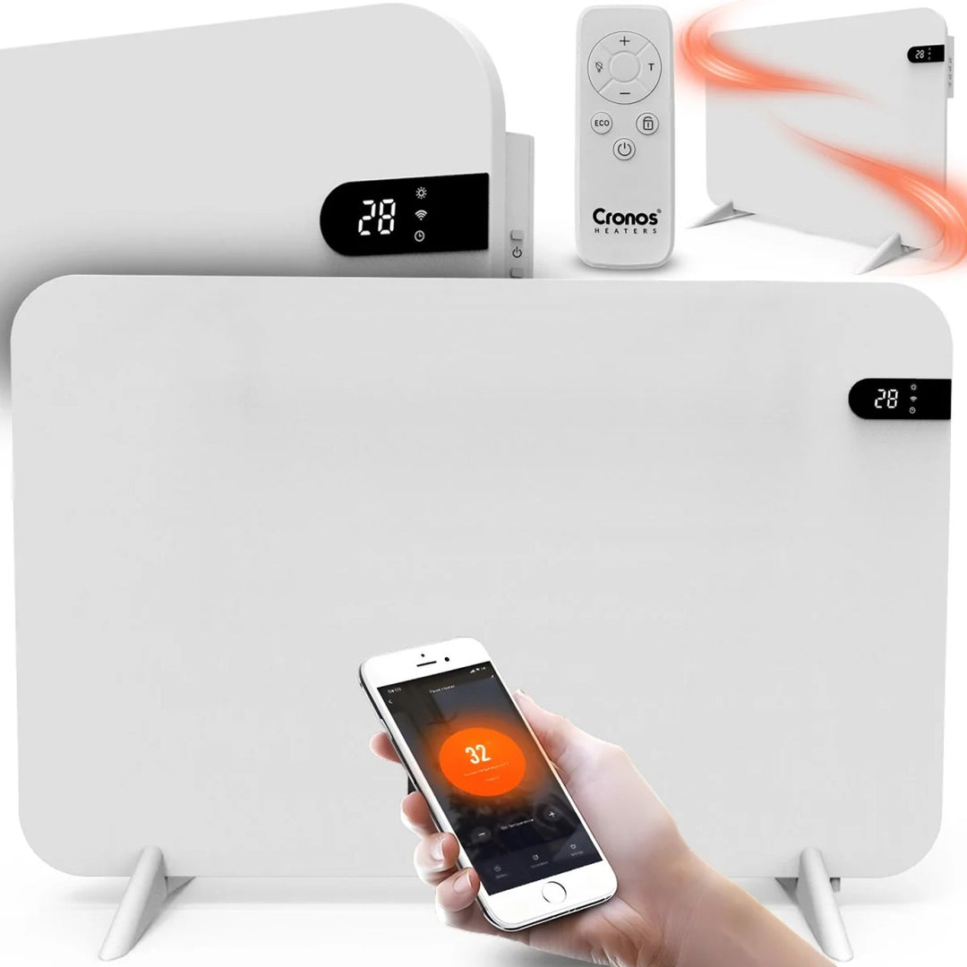 Încălzitor electric Cronos, alb, putere 450 W, încălzește încăperi de până la 14 m², termostat încorporat, telecomandă, funcție de detectare a ferestrelor deschise, picioare incluse, WFH-450TW
