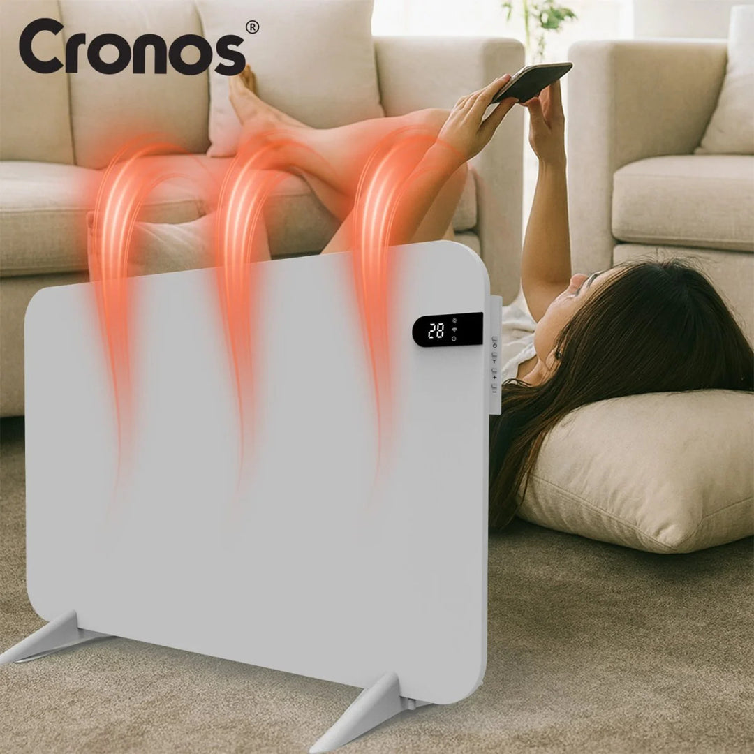 Încălzitor electric Cronos, alb, putere 450 W, încălzește încăperi de până la 14 m², termostat încorporat, telecomandă, funcție de detectare a ferestrelor deschise, picioare incluse, WFH-450TW