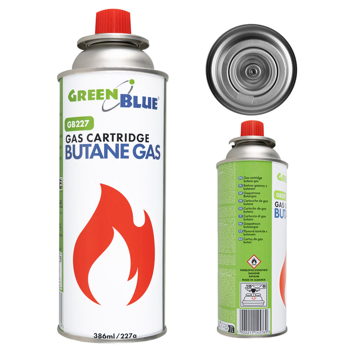 Cartuș de gaz GreenBlue de 227 g. Certificat: Pi 0875, conform standardului EN417, butan, interval de funcționare de la -10 °C la +40 °C, GB227