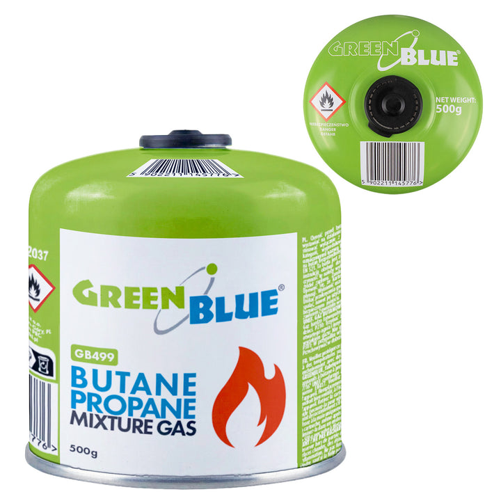 Cartuș de gaz GreenBlue de 500 g. Certificat: Pi 0437, conform cu EN417, butan-propan, interval de temperatură de la -10 °C la +40 °C, supapă filetată 7/16'' GB499