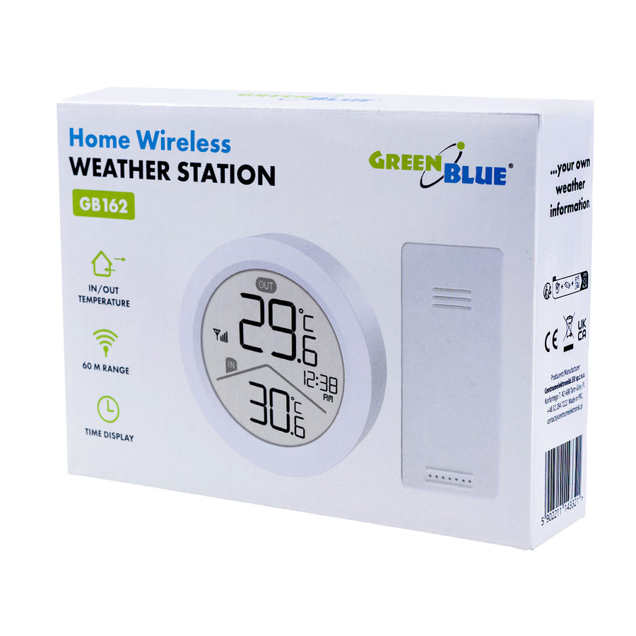 Stație meteo wireless GreenBlue, temperatură IN/OUT, ceas, selectabilă °C/°F, rază de acțiune de până la 60 m, GB162, 4 baterii AAA