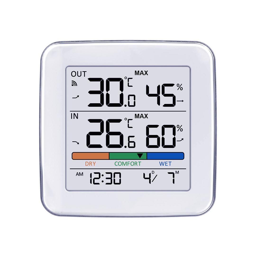 Stație meteorologică wireless GreenBlue, temperatură + umiditate IN/OUT, ceas + alarmă + dată, °C / °F selectabil, rază de acțiune de până la 60 m, GB169, 4 baterii AAA