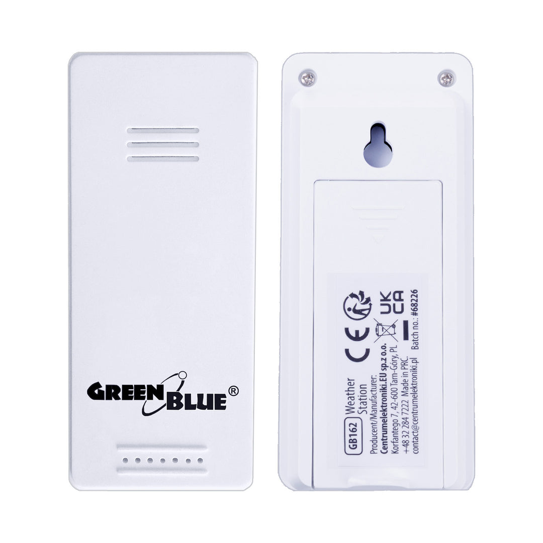 Stație meteorologică wireless GreenBlue, temperatură + umiditate IN/OUT, ceas + alarmă + dată, °C / °F selectabil, rază de acțiune de până la 60 m, GB169, 4 baterii AAA