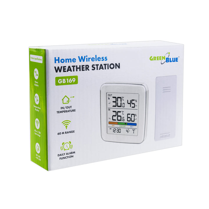 Stație meteorologică wireless GreenBlue, temperatură + umiditate IN/OUT, ceas + alarmă + dată, °C / °F selectabil, rază de acțiune de până la 60 m, GB169, 4 baterii AAA
