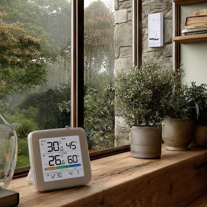 Stație meteorologică wireless GreenBlue, temperatură + umiditate IN/OUT, ceas + alarmă + dată, °C / °F selectabil, rază de acțiune de până la 60 m, GB169, 4 baterii AAA