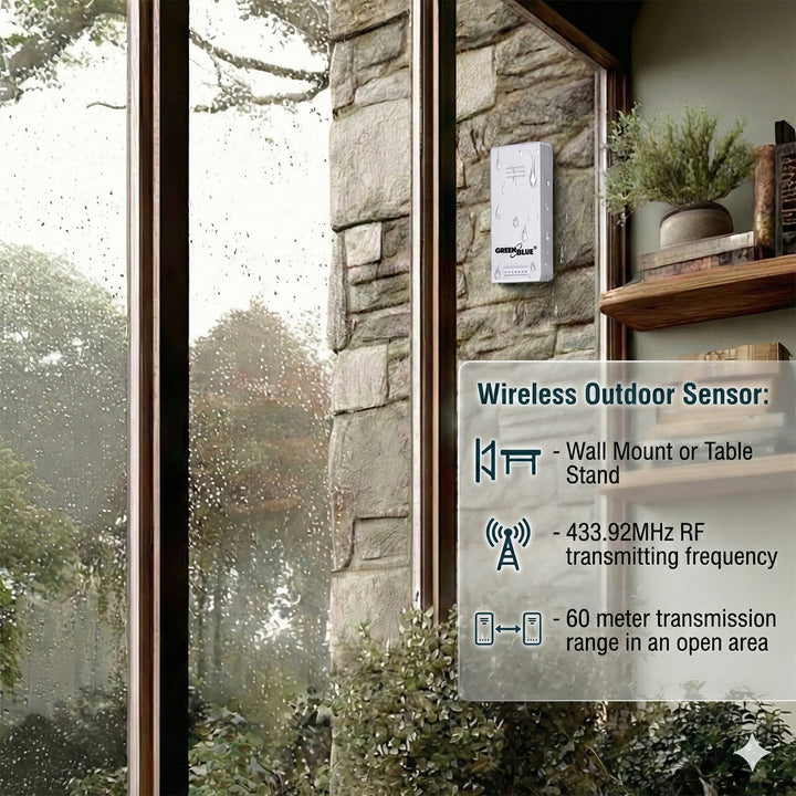 Stație meteorologică wireless GreenBlue, temperatură + umiditate IN/OUT, ceas + alarmă + dată, °C / °F selectabil, rază de acțiune de până la 60 m, GB169, 4 baterii AAA