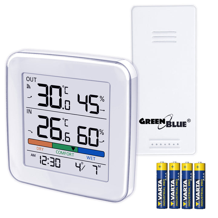 Stație meteorologică wireless GreenBlue, temperatură + umiditate IN/OUT, ceas + alarmă + dată, °C / °F selectabil, rază de acțiune de până la 60 m, GB169, 4 baterii AAA