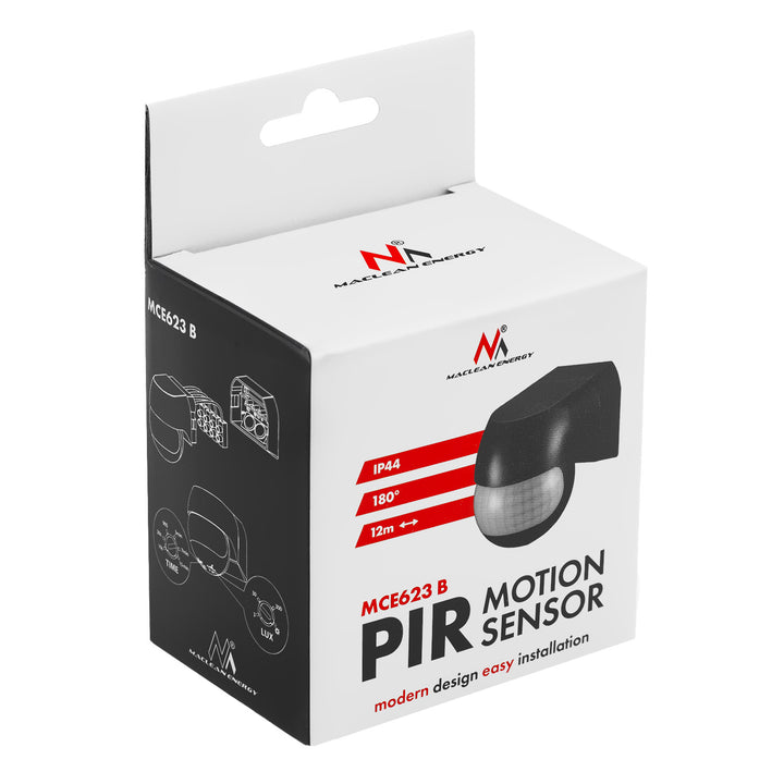 Senzor de mișcare PIR 12-24 V Maclean, cu infraroșu, IP44, negru, rază de acțiune 12 m, sarcină maximă 60/120 W, MCE623 B