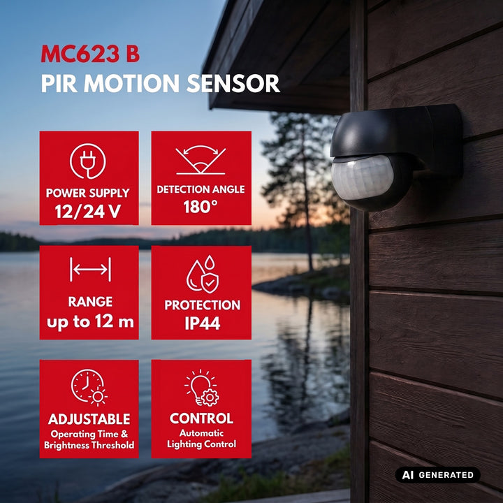 Senzor de mișcare PIR 12-24 V Maclean, cu infraroșu, IP44, negru, rază de acțiune 12 m, sarcină maximă 60/120 W, MCE623 B