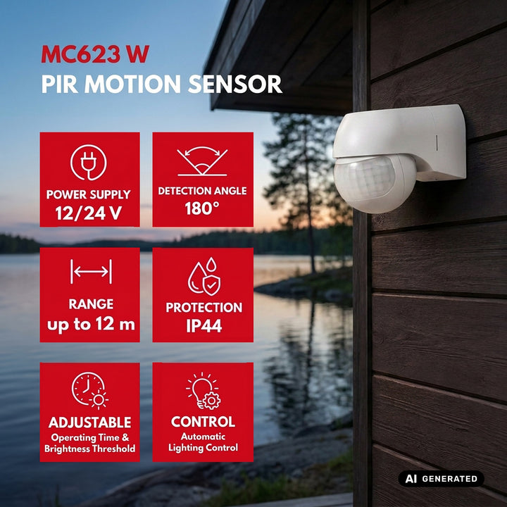 Senzor de mișcare PIR 12-24 V Maclean, cu infraroșu, IP44, alb, rază de acțiune 12 m, sarcină maximă 60/120 W, MCE623 W