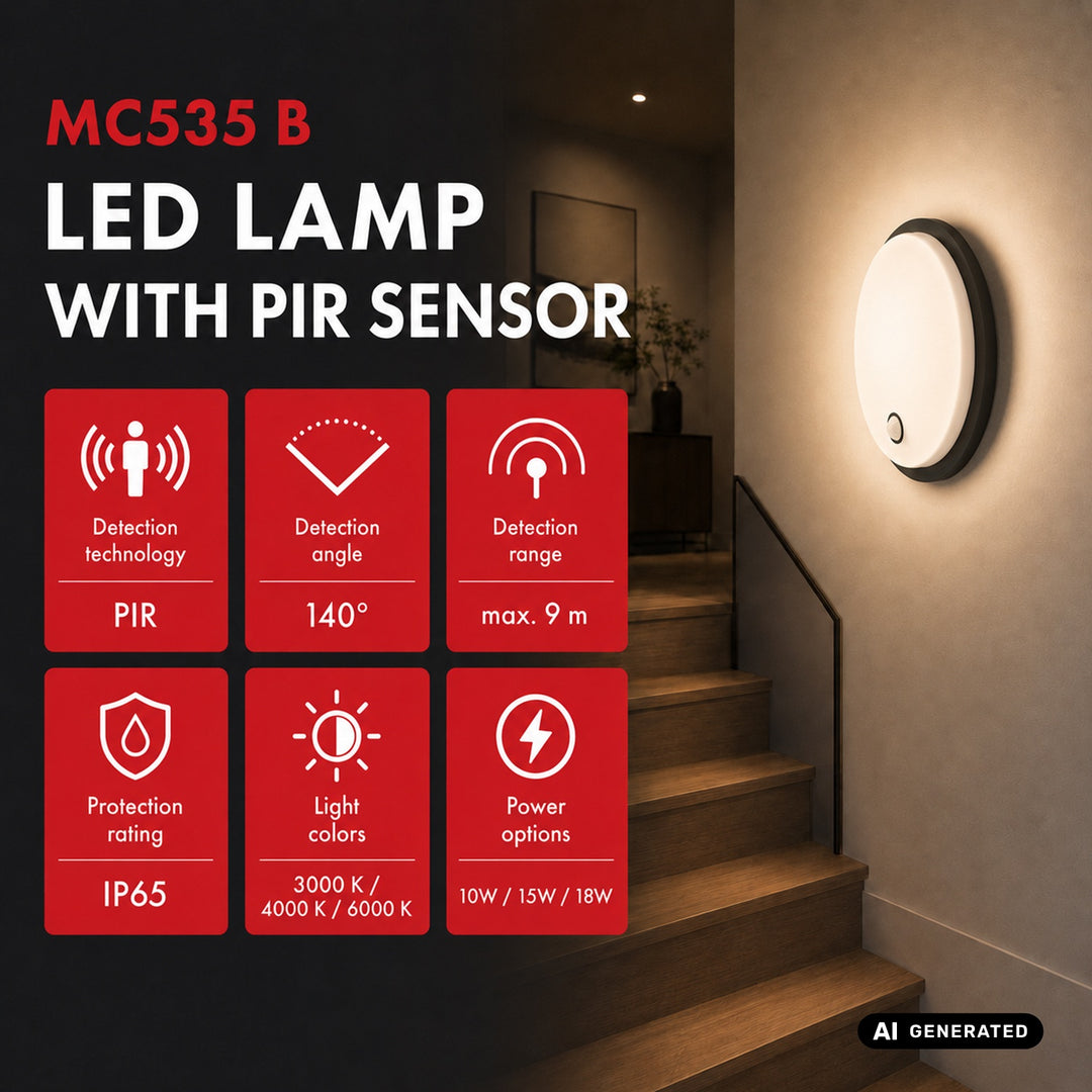 Lampă LED cu senzor de mișcare Maclean, senzor PIR, negru, 10 W/15/18 W, IP65, posibilitatea de a schimba temperatura culorii 3000/4000/6000 K, MCE535 B